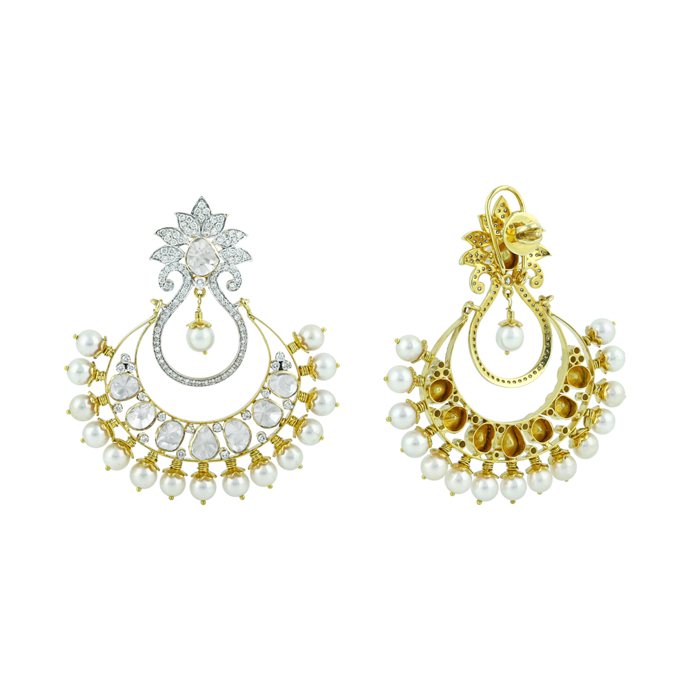 Chandbali Earrings with Polki, Floral Design, and Pearls